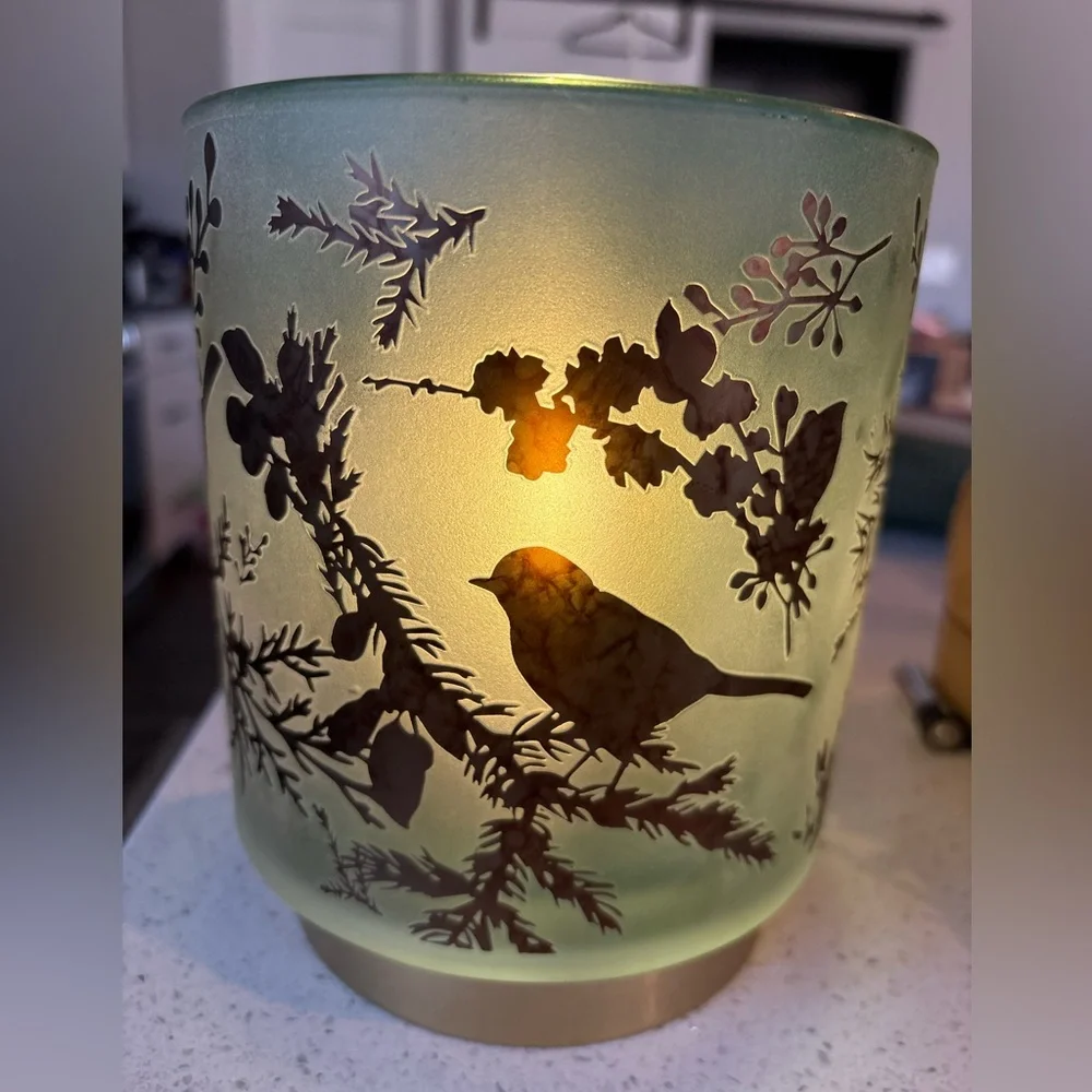 Frosted Blue Green Glass Bird Lantern Lamp Battery Operated with Timer